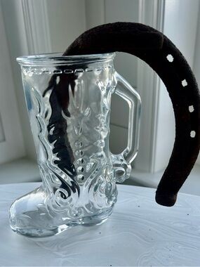 Set of country cowgirl cowboy clear Glass Boot and authentic rustic horseshoe